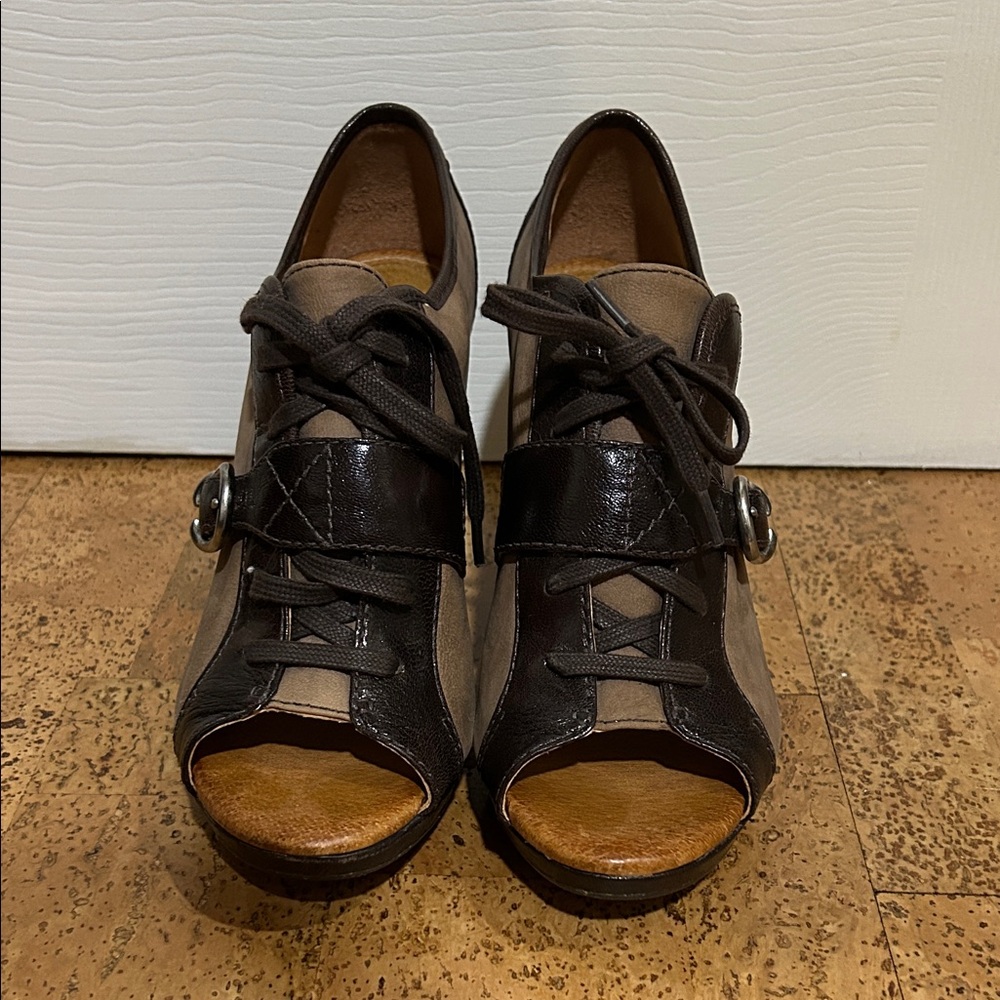 Naya Brown Two-Tone Peep-Toe Lace-Up Heels with Buckle